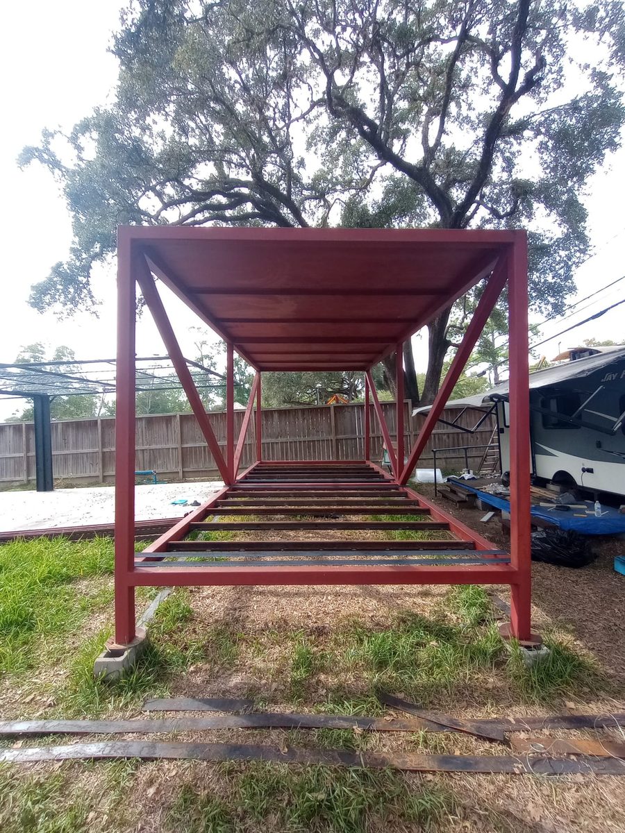 The steel frame of Amaury's home, built by Tony, before any walls went up
